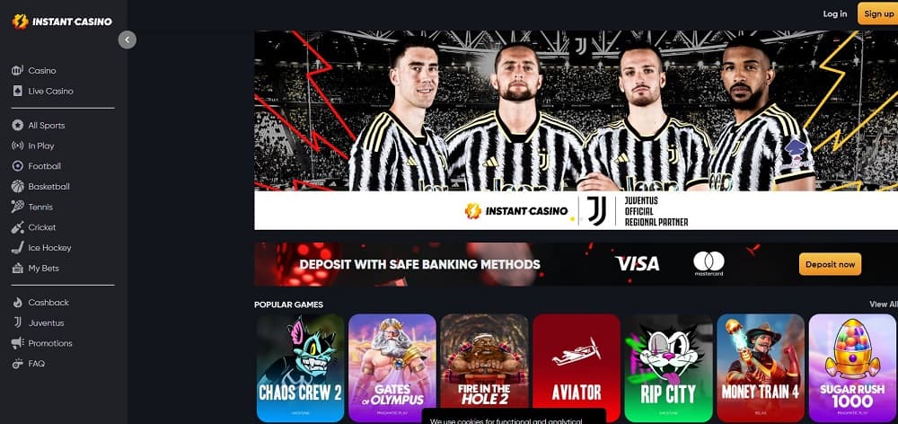 Instant Casino homepage showcasing one of the best payout online casinos with fast crypto withdrawals and high RTP games.