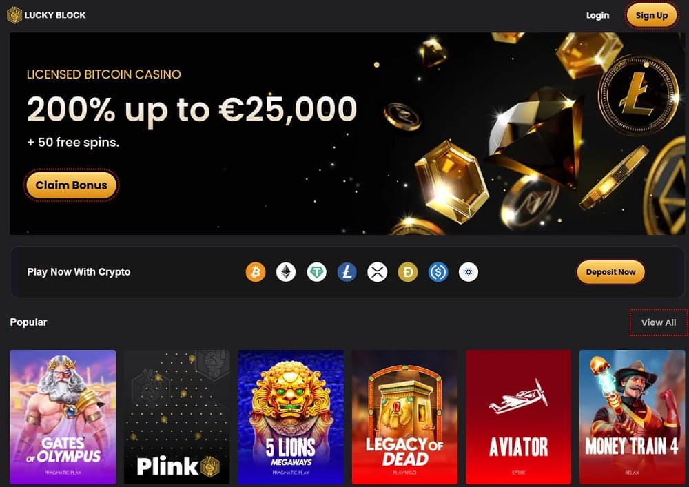 Lucky Block crypto casino homepage offering no KYC and instant payouts, a leader in the best payout online casinos space.